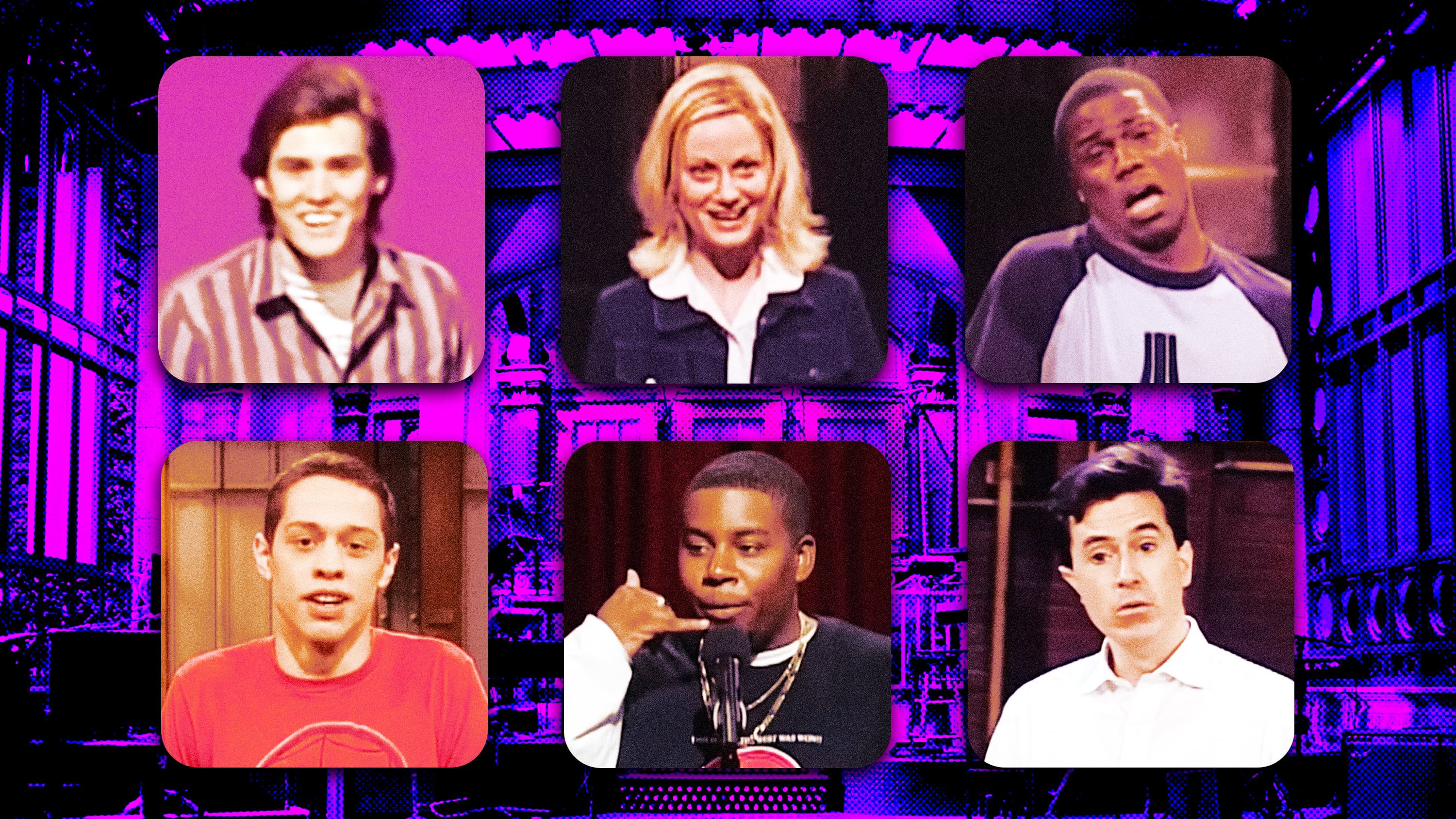 A photo illustration of Jim Carrey, Amy Poehler, Kevin Hart, Kenan Thompson, Pete Davidson, Stephen Colbert,