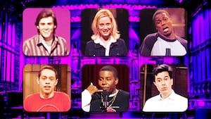 A photo illustration of Jim Carrey, Amy Poehler, Kevin Hart, Kenan Thompson, Pete Davidson, Stephen Colbert,