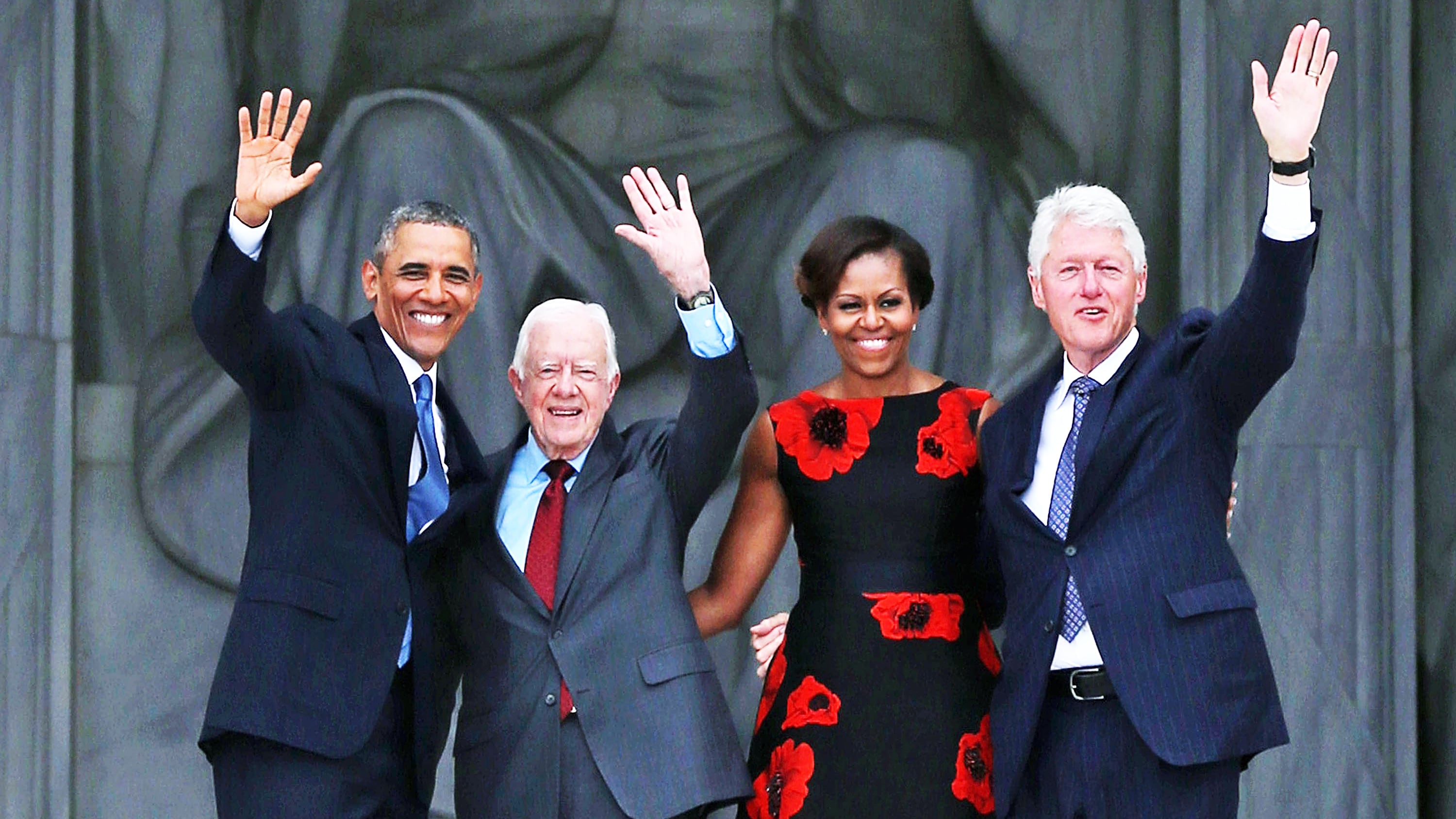 WASHINGTON, DC - AUGUST 28:  President Barack Obama (L) stands with First Lady Michelle Obama (2nd-R) and former presidents Jimmy Carter (2nd-L) and Bill Clinton during the ceremony to commemorate the 50th anniversary of the March on Washington for Jobs and Freedom August 28, 2013 in Washington, DC. It was 50 years ago today that Martin Luther King, Jr. delivered his "I Have A Dream Speech" on the steps of the Lincoln Memorial. (Photo by Mark Wilson/Getty Images)